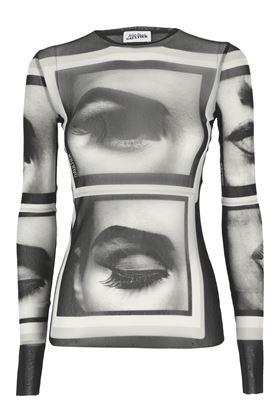 Black tulle top with white eyes and lips print. JEAN PAUL GAULTIER | 24/30-F-TO209T553000201